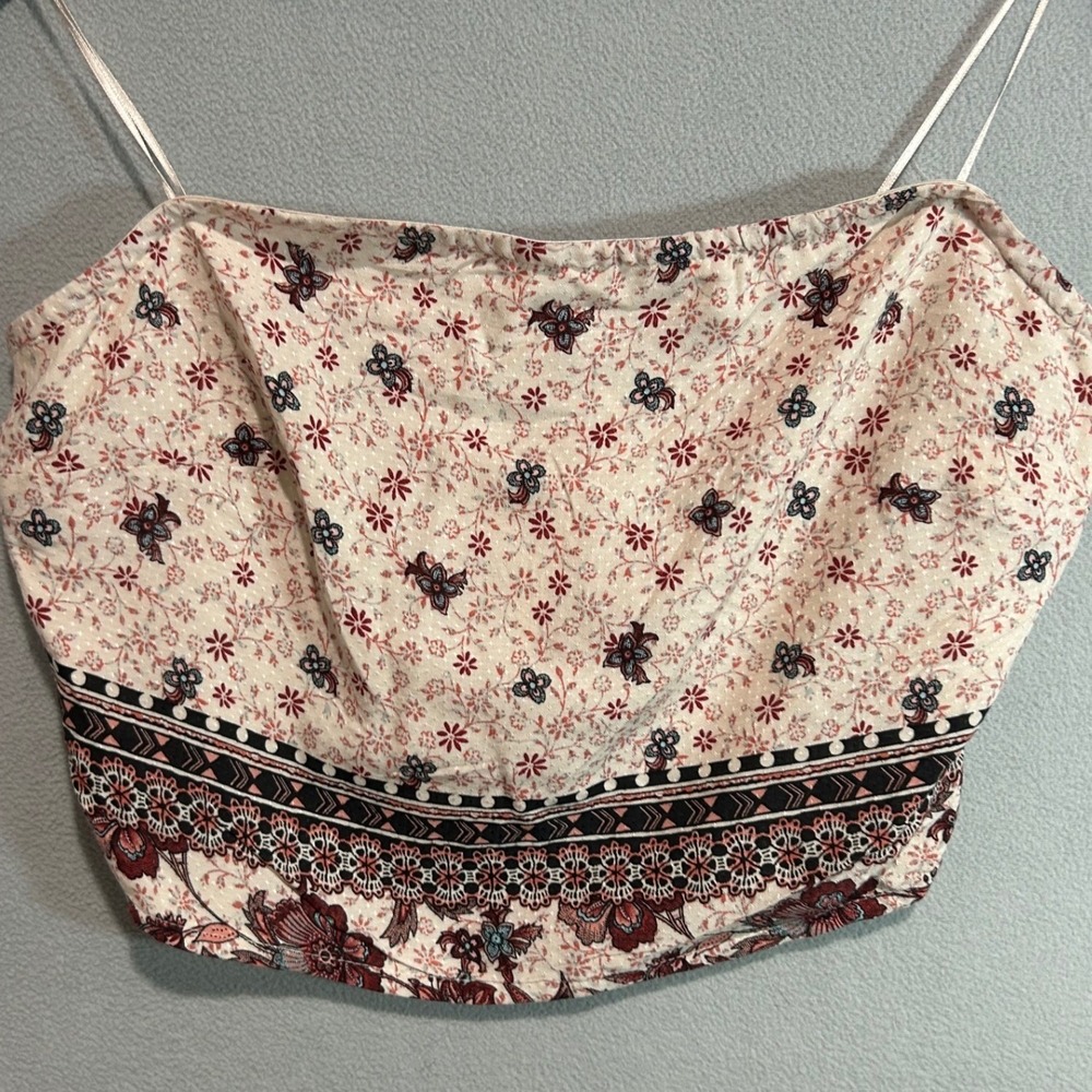 Paper Crane strapless Top Women Large Cream Floral Smocked Back Boho Cottagecore